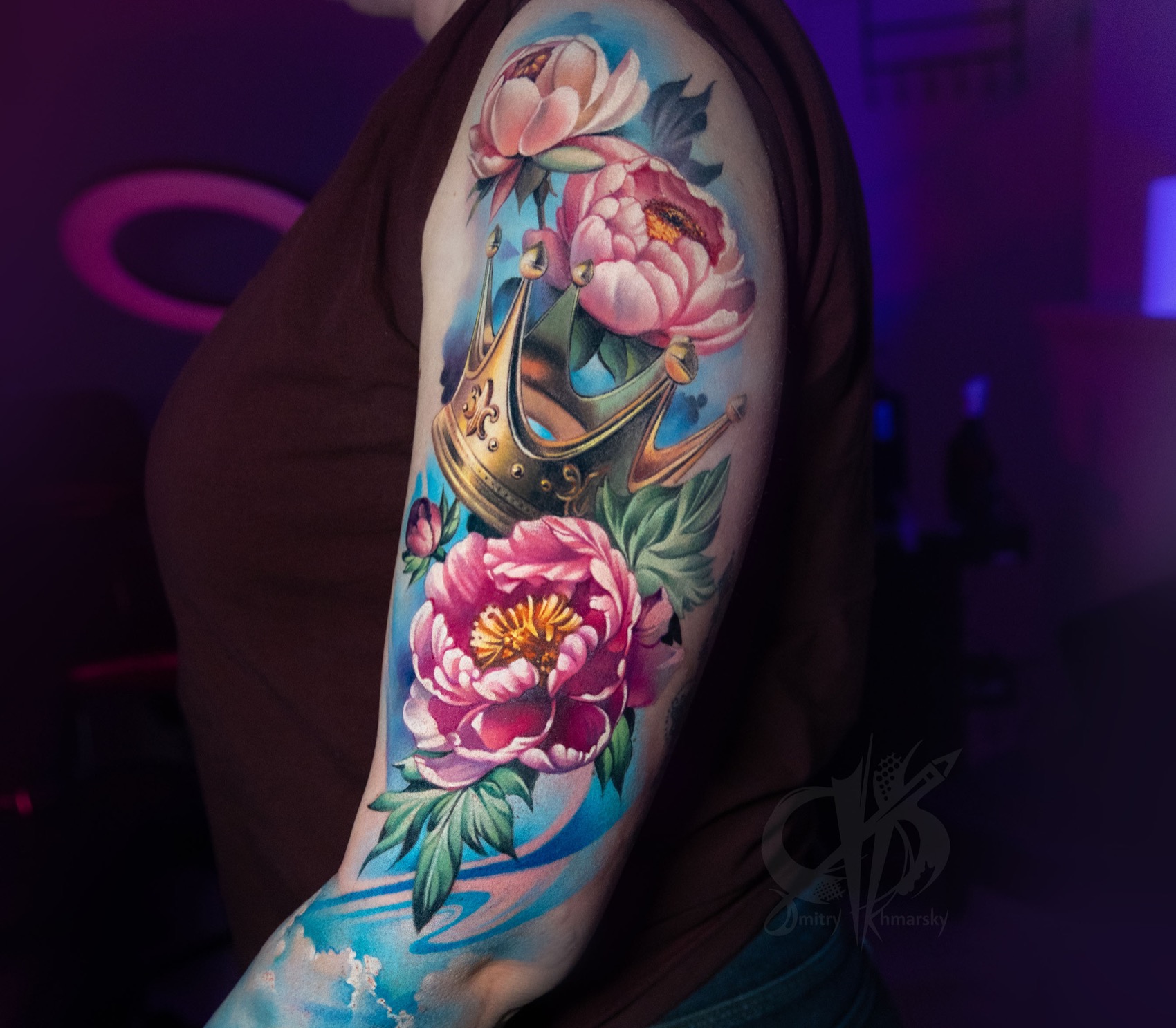 Color floral sleeve tattoo with crown and peonies