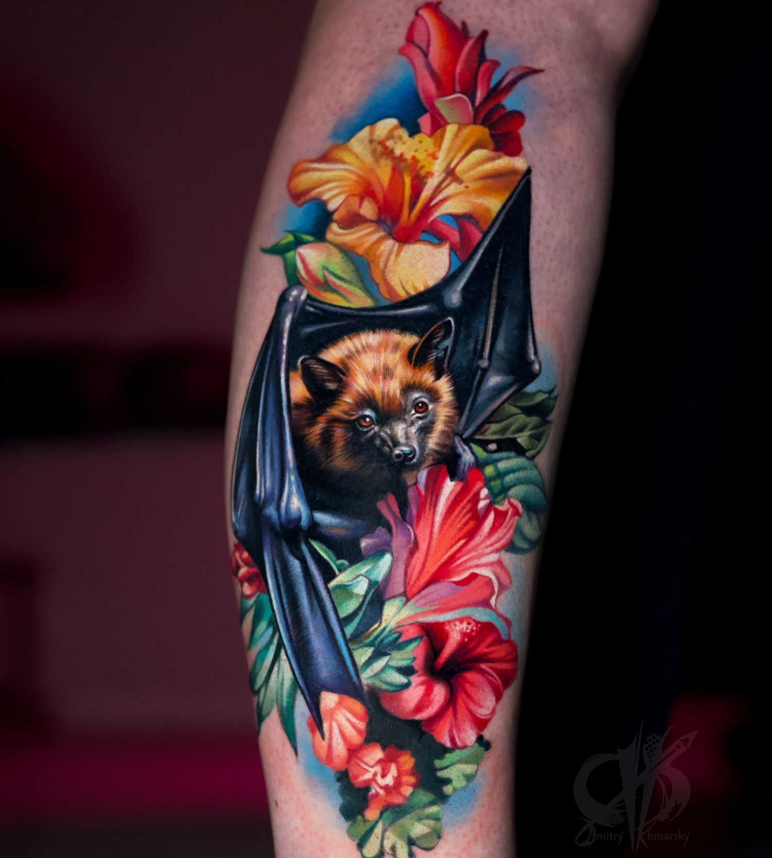 Detailed color tattoo photographed close up