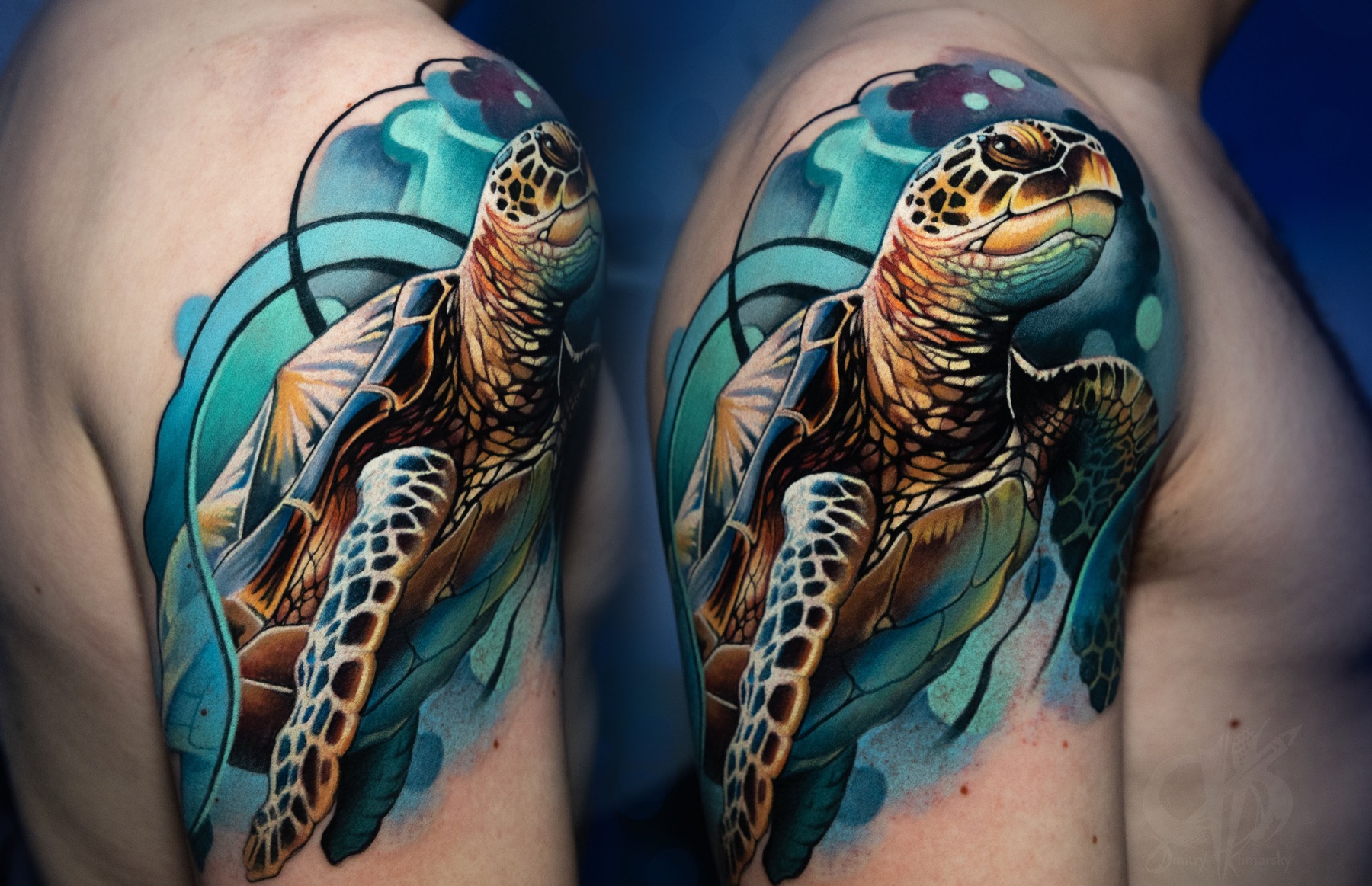 Two matching sea turtle color tattoos on shoulders